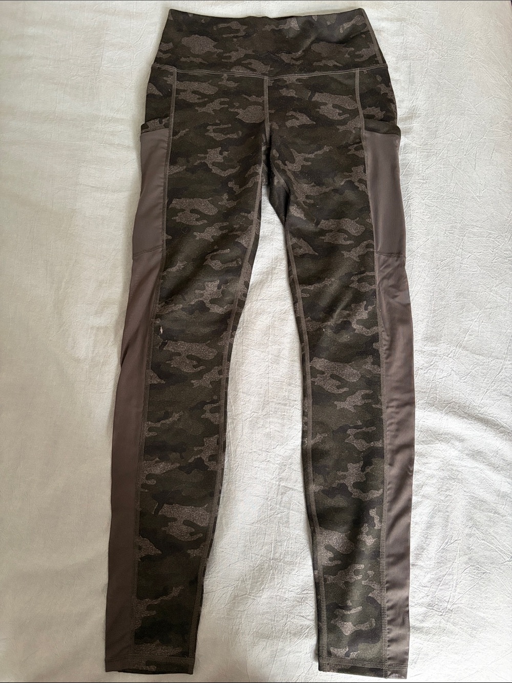 Fabletics Olive Camo Leggings with Sheer Olive Side Panels